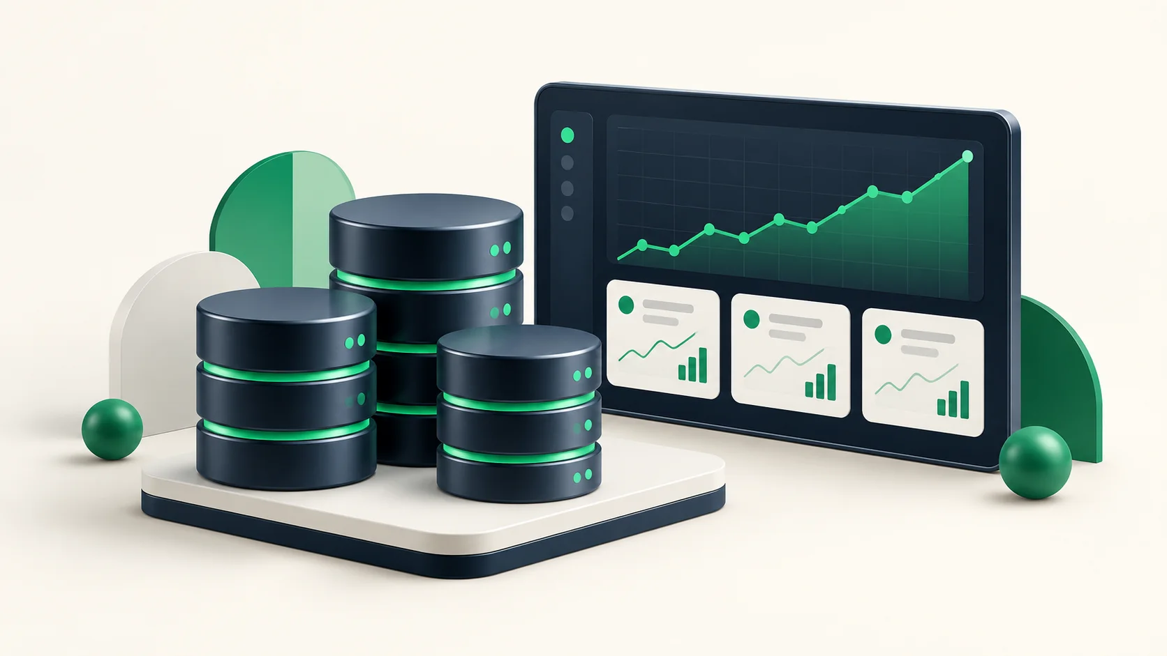 Database servers beside a dashboard showing performance charts.