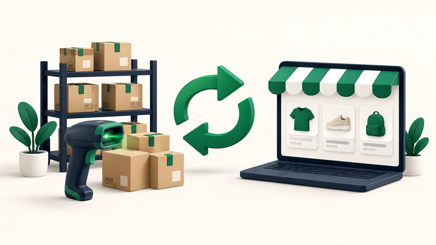 Warehouse stock and a barcode scanner synchronizing with an online store.