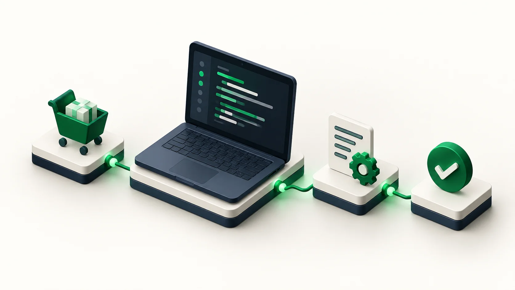 Laptop connected to order, validation, and approval workflow modules.